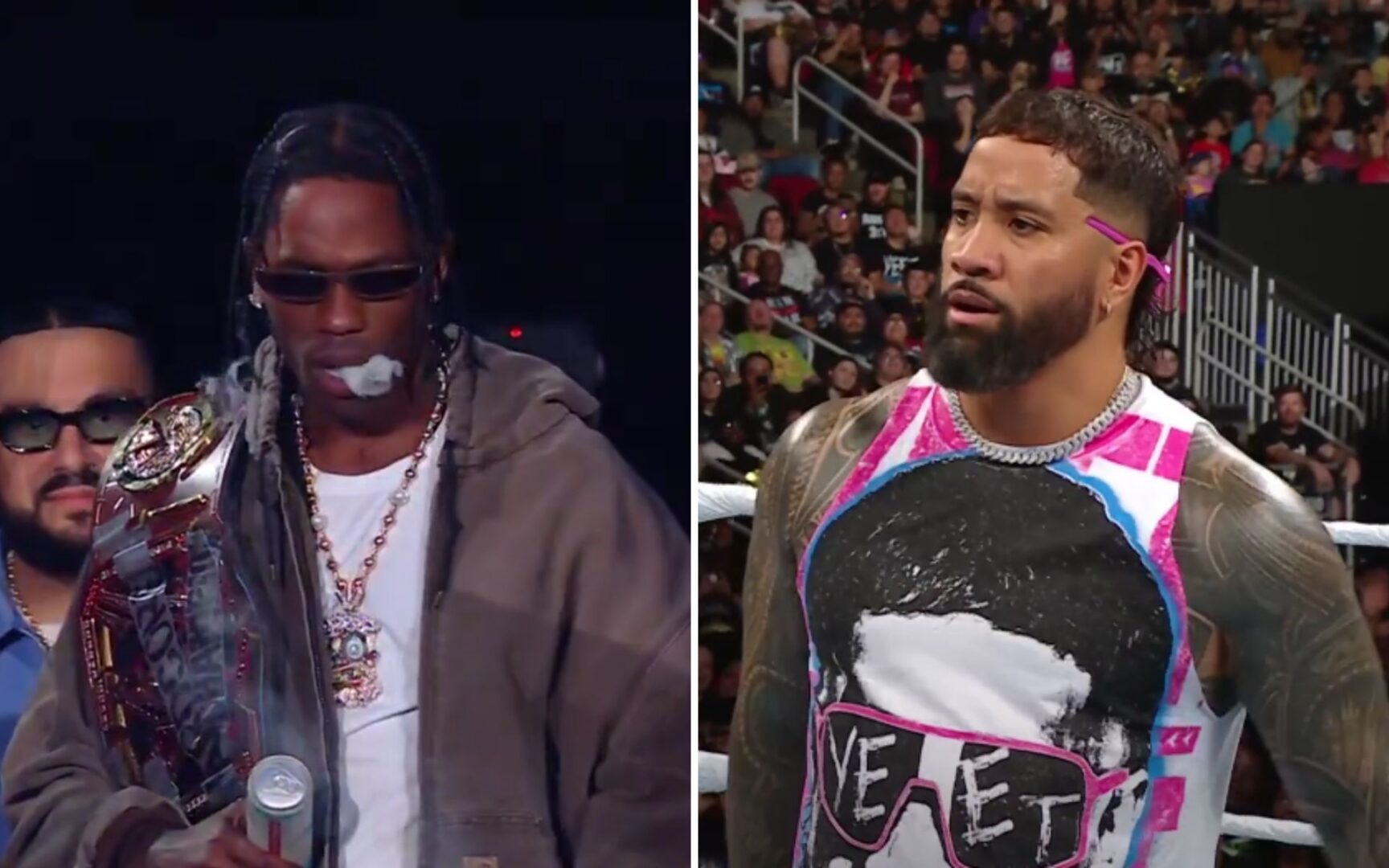 [WATCH] Travis Scott smokes a joint LIVE on RAW alongside Jey Uso during his entrance