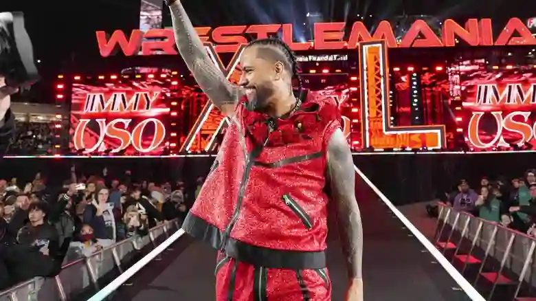 PHILADELPHIA, PENNSYLVANIA - APRIL 6: Jimmy Uso enters the ring during Night One of WrestleMania 40 at Lincoln Financial Field on April 6, 2024 in Philadelphia, Pennsylvania. (Photo by WWE/Getty Images)